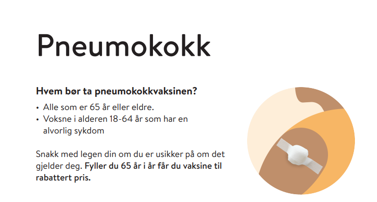 Hvem bør ta pneumokokkvaksinen? • Alle som er 65 år eller eldre. • Voksne i alderen 18-64 år som har en alvorlig sykdom Snakk med legen din om du er usikker på om det gjelder deg. Fyller du 65 år i år får du vaksine til rabattert pris. - Klikk for stort bilde